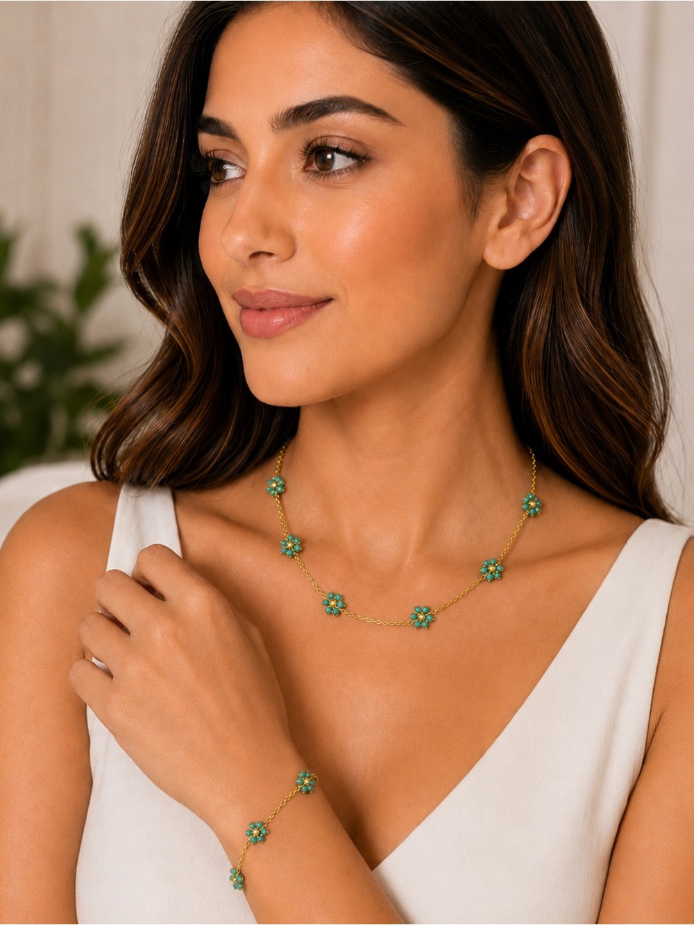 Stainless steel Gold and Turquoise Floral Necklace Set